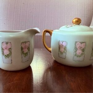 Antique Nippon Porcelain Sugar and Creamer Hand Painted Art Nouveau Motif Floral
